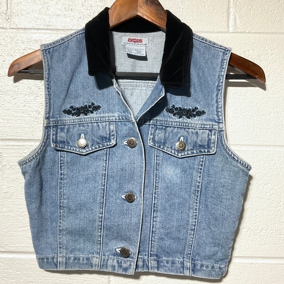 Vintage 90s Denim Vest with Velvet Collar and Embroidery Western Style - Picture 1 of 6